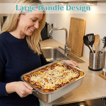 4 Inch Extra Deep Lasagna Pan with Lid and Handles, 14x10.6 Inch Stainless Steel Large Baking Dish Tray, Nonstick Lasagna Baking Thick Metal Roasting Pan for Casserole Brownie Turkey, Silver