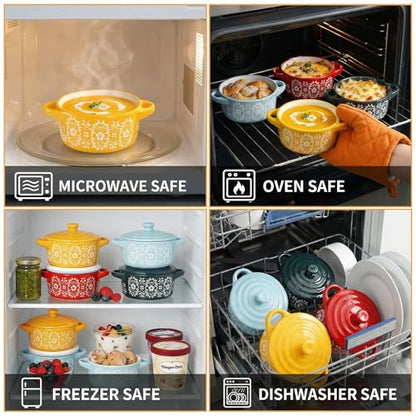 Goaste 4 Pack Porcelain Ramekins with Lids, 7 OZ Mini Casserole Dish with Handles, Round Ceramic Cocotte Bowl Set, Individual Small Baking Dish for Souffle, Creme Brulee, Lava Cake, Soup (4 Colors)