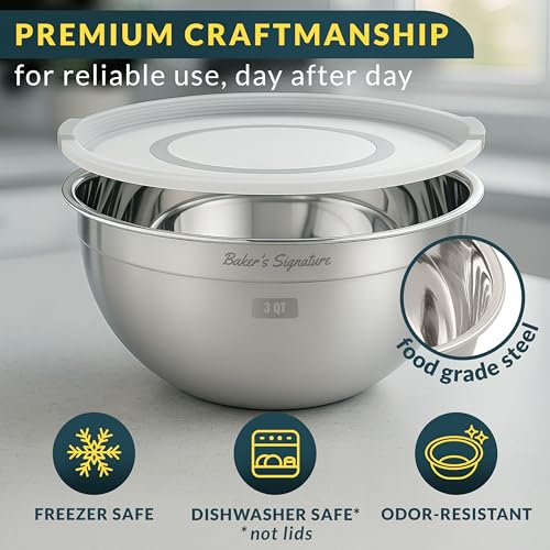 Baker's Signature Stainless Steel Mixing Bowls With Lid, Metal Mixing Bowl Set Of 3, Nesting Set For Food Prep, Baking,Storage, Cooking, Serving | Dishwasher Safe, Silver, 1.5/3/5 Qt