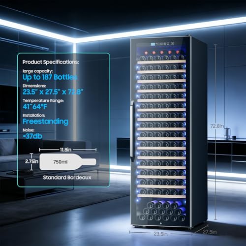 EORICE 24 Inch Wine Fridge Wine Cooler Refrigerator, 187 Bottles Freestanding Wine Cabinet with Sliding Rail Shelves, Glass Door & LED Lights, 41℉-64℉ Quiet Low Noise for Home Office Kitchen