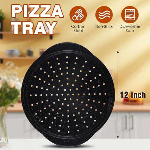 hunnycook 2P Non Stick Pizza Pans - 12” Round Pizza Tray with Holes and Handle, Carbon Steel Pizza Pan for Oven, Dishwasher Safe, PFOA Free