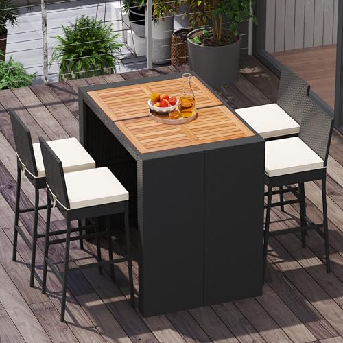 RELAX4LIFE 5-Piece Outdoor Bar Set - Wicker Rattan Bar Height Dining Table w/Acacia Wood Top & 4 Bar Stools Chairs w/Seat Cushions, Backrest, Footrest, Outside Patio Bistro Set for Backyard (47.5'')