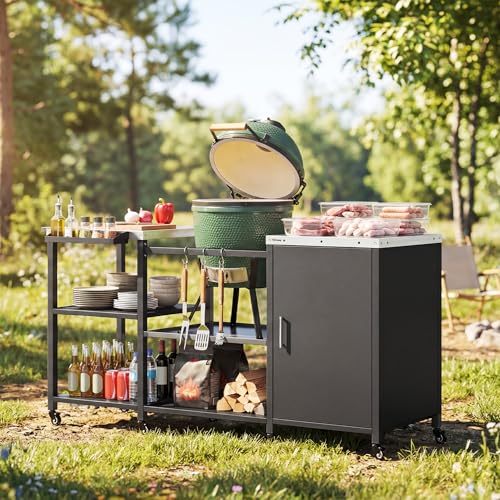 Outsunny Grill Table for Big Green Egg Grill, Heavy Duty Metal BBQ Prep Table with Stainless Steel Top, Storage Cabinet, Spice Rack, Paper Towel Rack, Outdoor Kitchen Island with Wheels, Hooks, Handle