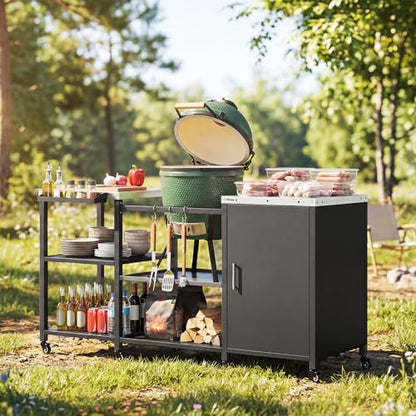 Outsunny Grill Table for Big Green Egg Grill, Heavy Duty Metal BBQ Prep Table with Stainless Steel Top, Storage Cabinet, Spice Rack, Paper Towel Rack, Outdoor Kitchen Island with Wheels, Hooks, Handle