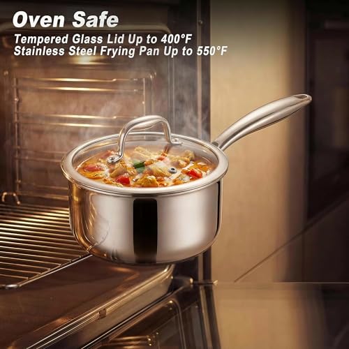 KC-Emier 1-Quart Nonstick Saucepan with Lid, Tri-Ply Stainless Steel Pot with Stay-Cool Handle & All Cooktop Compatibility (Gas, Ceramic, Electric) - Non-Stick