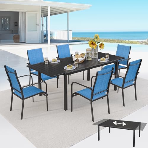 BUPPLEE 7-Piece Patio Dining Set with Expandable Rectangular Table (38"-84"), 6 Textilene Chairs, Outdoor Furniture for Garden, Deck, Backyard, Blue