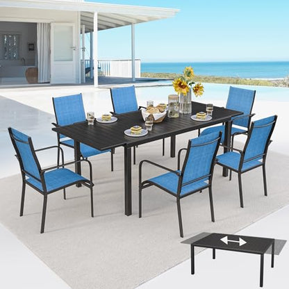BUPPLEE 7-Piece Patio Dining Set with Expandable Rectangular Table (38"-84"), 6 Textilene Chairs, Outdoor Furniture for Garden, Deck, Backyard, Blue