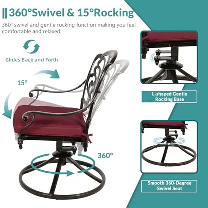MEETWARM 9-Piece Outdoor Patio Dining Set for 8, All Weather Cast Aluminum Patio Funiture Table and Chairs Set- 94.5” Rectangular Table and 8 Cushioned Swivel Rocker Chairs, Umbrella Hole, Chili Red