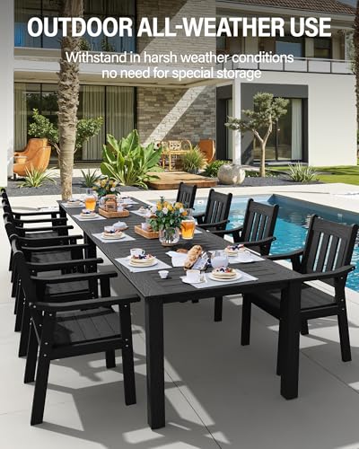 YEFU HIPS Patio Table Set: 10 Piece Outdoor Table and Chairs Dining Furniture Set with Umbrella Hole - Black Modern Plastic Dining Sets 8 Person for Outside Deck with Metal Aluminum Frame