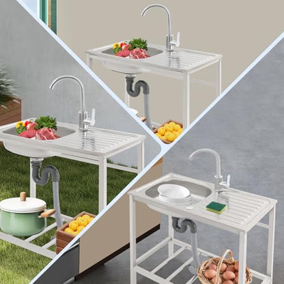 Versatile Outdoor Sink with Hose Hook Up – Heavy-Duty Stainless Steel Sink with Hose Hook Up, Large Basin, Storage Shelf & Quick Drain, Perfect for Gardens, Food Trucks, Restaurants
