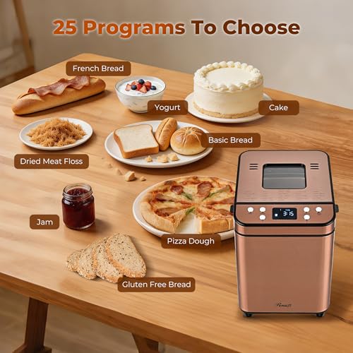 Rosewill 25-in-1 Automatic Bread Maker Machine with 3 Loaf Size up to 2 Lb, 700W High Power Dual Heater with BPA-Free Nonstick Coating Pan, Max 15 Hours Delay Timer, Low Noise, Cinnamon