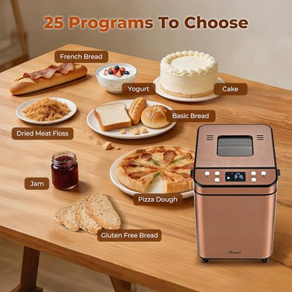 Rosewill 25-in-1 Automatic Bread Maker Machine with 3 Loaf Size up to 2 Lb, 700W High Power Dual Heater with BPA-Free Nonstick Coating Pan, Max 15 Hours Delay Timer, Low Noise, Cinnamon