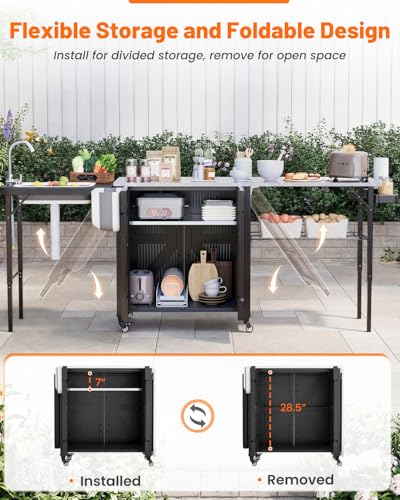AECOJOY Outdoor Grill Cart Table with Sink, Portable Folding Kitchen Island with Storage Cabinet, Stainless Steel Prep Station for BBQ, Waterproof Cover Included