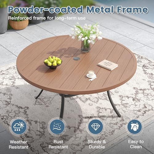 DIFY 11 Piece Patio Dining Set, Metal Outdoor Table and Chairs Set for 10, 60" Round Walnut Dining Table with Umbrella Hole & Wicker Stackable Patio Chairs, Patio Furniture Set for Garden Backyard
