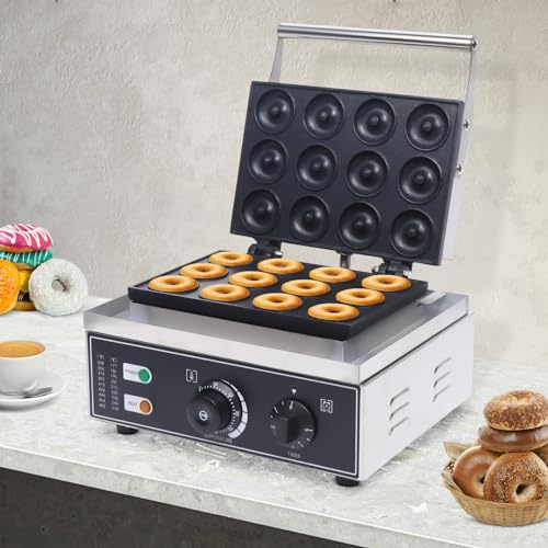 GXFCHYL Mini Donut Maker Commercial Donut Maker Machine Electric Stainless Steel Doughnut Maker Double-Sided Heating with Non-stick Plate for Kitchen, Restaurant (12Pcs/Pan 1550W)