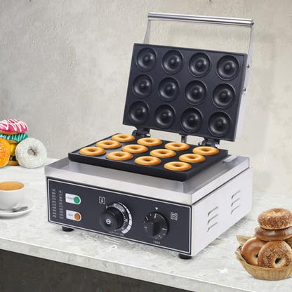 GXFCHYL Mini Donut Maker Commercial Donut Maker Machine Electric Stainless Steel Doughnut Maker Double-Sided Heating with Non-stick Plate for Kitchen, Restaurant (12Pcs/Pan 1550W)