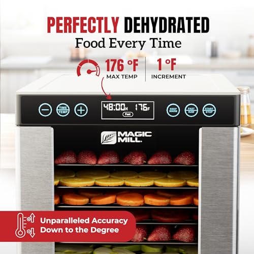 Magic Mill Pro Food Dehydrator Machine | 10 Stainless Steel Trays | Dryer for Jerky, Dog Treats, Herb, Meat, Beef, Fruit | Keep Warm Function, Digital Timer and Temperature Control, ETL Approved