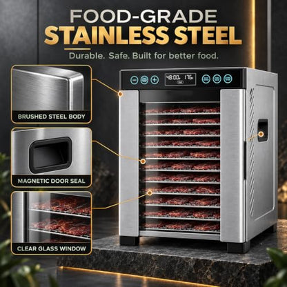 AOHGOA 10-Tray Food Dehydrator, Stainless Steel, Rear Fan, Digital Control