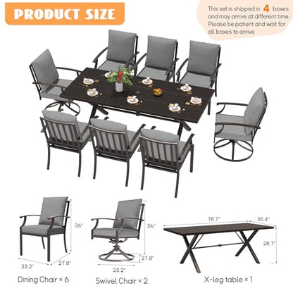 Trumbeak 9-Piece Patio Dining Set Outdoor Conversation Set,Metal Outdoor Furniture Set with Umbrella Hole Cut-Out 78.7" x 35.4" Table and 8 Metal Chairs for Backyard,Garden,Grey
