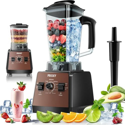 Blenders for Kitchen, Smoothie Blender, 2400W/1000W Prasky Blender & Grinder Combo, 25,000 RPM High Speed, 68oz BPA-Free Food Processor, Countertop Blender for Smoothies, Shakes & Food (Brown,2L)