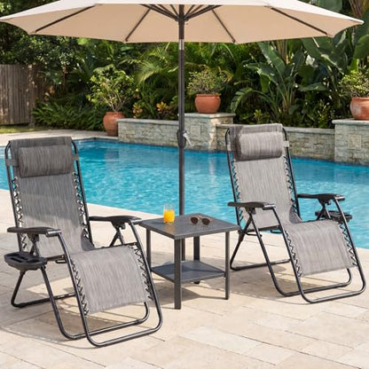 NEWBULIG Zero Gravity Chair Set of 2, Lounge Chair Folding Portable Adjustable Camping Reclining Chairs with Adjustable Pollow, Mesh Back, Cup Holder Trays Lawn Patio Chair for Pool Beach - Grey