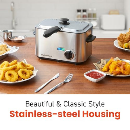 Elite Gourmet EDF1116 Electric 1.2 Qt. / 4.8 Cup Oil Capacity Deep Fryer, Adjustable Temperature, Removable Basket, Lid with Cool-Touch Knob, Stainless Steel