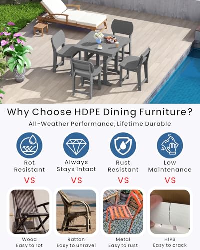 BIVODA 5-Piece HDPE Outdoor Dining Set, Weatherproof Patio Table and Chairs Set for 4, Includes 1 Square Table and 6 Armless Chairs, with Umbrella Hole (Grey)