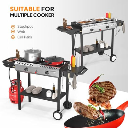 Bonnlo 2 Burner Propane Gas Burner with Auto Ignition, 150000 BTU Camping Stove with Storage Shelf and Rolling Wheels, Portable Outdoor Cooker for Patio Backyard Cooking Frying Boiling and Stewing