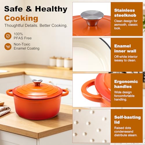 WOKINS Enameled Cast Iron Dutch Oven - 7QT Pot with Lid,Oven Safe to 500°F,Heavy-Duty Cookware for Sourdough Bread Baking,Braising,Stews,Roasting Orange