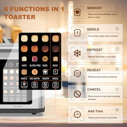 4 Slice Toaster Touch Screen, Stainless Steel Toasters Digital Timer, Dual Control Panel Toasters, 8 Shade Settings 6 Bread Types for Bagel, Cancel, Defrost 1650W