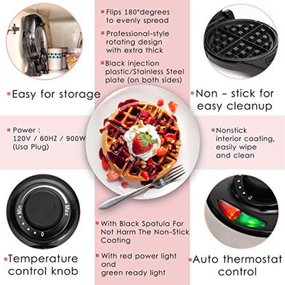 Moss & Stone Belgian Waffle Maker – Rotating Flip Design, 8-Inch Electric Waffle Iron, Non-Stick Grids for Easy Release & Clean, Adjustable Temperature, Compact Upright Storage, Black