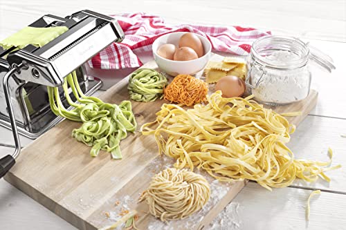 Pasta Maker Deluxe Set- Stainless Steel Machine w 3 Interchangeable Attachments- Make 5 Different Pastas- Spaghetti Fettuccini Angel Hair Ravioli Lasagnette- Durable Cutters for Adjustable Thicknesses