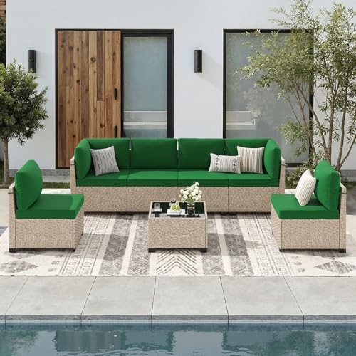 Soohow 7-Piece Patio Furniture Set, Outdoor Sectional All-Weather Wicker Patio Conversation Set for Garden, Porch, Backyard - Green Cushions