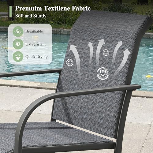 ARKOST 5 Pieces Outdoor Dining Set, Stackable Textilene Paito Chairs & 37.8" Square Dining Table with Umbrella Hole and Shelf, Patio Dining Set for Backyard, Deck, Garden, Grey & Black