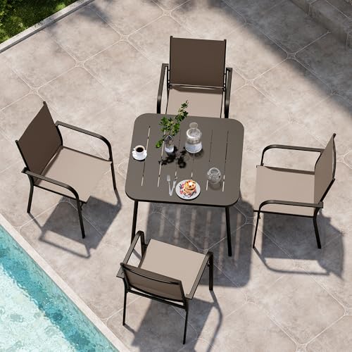 LAUSAINT HOME 5 Pieces Outdoor Dining Set, Patio Furniture Set of 4 Textilene Chairs with Square Metal Slatted Table with Umbrella Hole, Outdoor Table and Chairs Set for Backyard, Garden, and Poolside