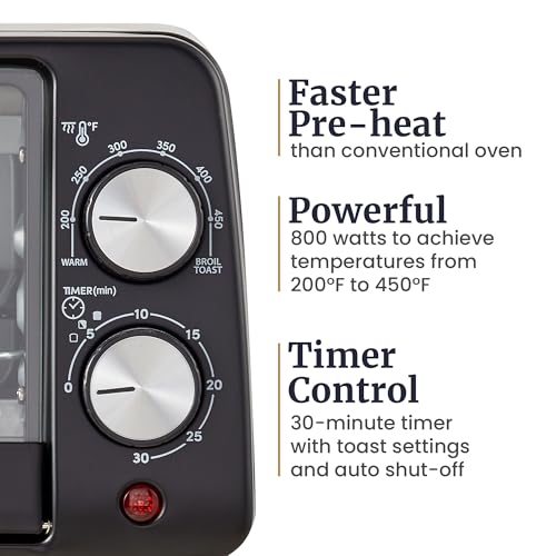 Elite Gourmet ETO449X Countertop Toaster Oven, 9.5Qt / 4-Slice Capacity, Fits 8'' Pizza, 800W Quartz Heating, 200–450°F Adjustable Temperature, 30-Min Timer, Compact Mini Oven, Black