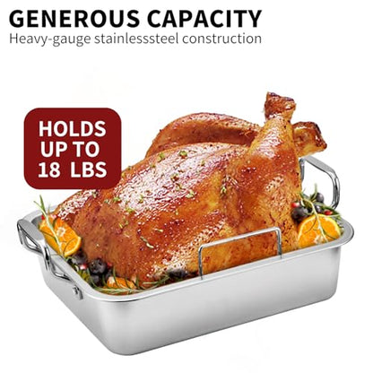 QPMR Roasting Pan with Cooling Rack - Stainless Steel Large Turkey Roaster Pan for Turkey, Chicken, Ham Roaster with V-Shaped Baking Rack Heavy Duty Dishwasher Safe