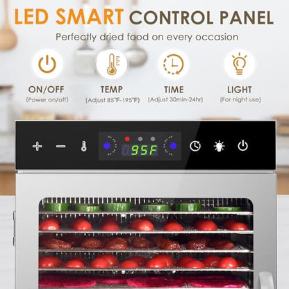 HOPERAN Food Dehydrator Machine with 12 Stainless Steel Trays – Digital Timer & Adjustable Temp Control for Jerky, Herbs, Fruits | Overheat Protection, BPA-Free, Includes Recipe Book
