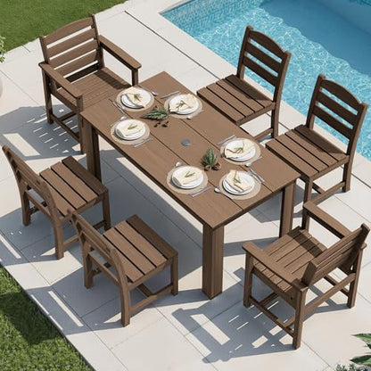 SERWALL Outdoor Dining Sets for 6, HDPE Dining Sets with 1 Umbrella Hole Cut-Out Rectangular Table and 4 Armless Chairs and 2 Armchairs, Patio Dining Sets, Brown