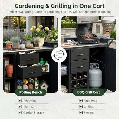 Merax 60.2''W Outdoor Kitchen Island on Wheels with Stainless Steel Top, Wood Rolling Patio Grill Cart with Storage Cabinets, Drawers, Spice Rack & Wine Rack, Outdoor Grill BBQ Prep Table, Black