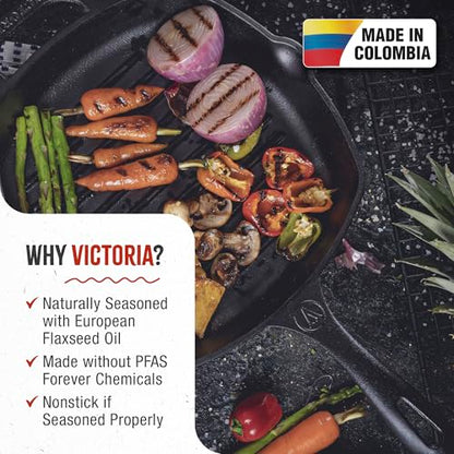 Victoria Cast Iron Grill Pan, Square Grill Pan, Cast Iron Griddle Pan, Seasoned with 100% Kosher-Certified, Non-GMO Flaxseed Oil, Black, 10 Inches