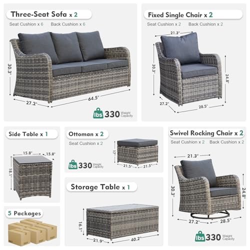 MEISSALIVVE Outdoor Patio Furniture Set with Swivel Chair, 10 Pieces Patio Conversation Set, Patio Sectional Furniture Set with 2 Three-seat Sofa, 2 Fixed Single Chair and Coffee Table (Grey)