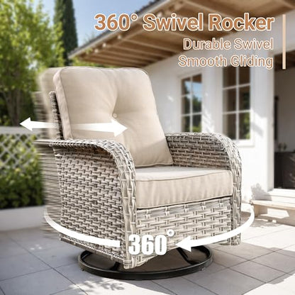 HOOOWOOO Sectional Patio Furniture Set with Swivel Chairs,9 Pieces Wicker Outdoor Furniture L Shaped Couch,Outside Conversation Set with Extra Deep Seat Sofa Wide Arm Solar Light Table,Beige