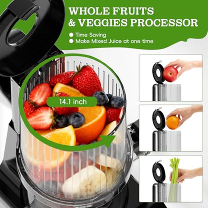 WHUTO Cold Press Juicer, Wide Feed Chute Juicer Machines, Stainless Steel Slow Masticating Juicers Easy to Clean, Vegetables & Fruits Juice Extractor, High Juice Yield, Platinum Color Knob