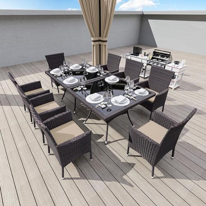 Gotland 10 Piece Outdoor Dining Set, All-Weather Rattan Patio Furniture Set with Umbrella Hole Tempered Glass Square Table, Outdoor Table and Chairs with Removable Cushions for Backyard, Deck Khaki