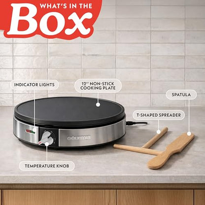 Gourmia 12” Crepe Maker – Nonstick Electric Griddle for Pancakes, Omelets & More, Precise Temp Control with Indicator Lights, Includes Spatula & Batter Spreader, Quick Cleanup, Stainless Steel Trim