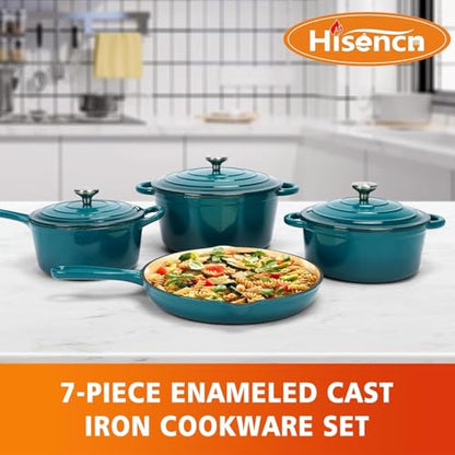 Hisencn Enameled Cast Iron Cookware Set - 7 Piece Dutch Ovens Set, Sauce Pan, Skillet, 3 Lids, Pots and Pans Set, Ceramic Coated Cast Iron, Heavy Duty, Gas/Induction Compatible, PFA Free