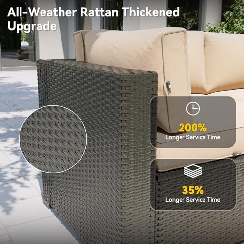 Aoxun Patio Furniture Set with Fire Pit Table, 8 Piece Outdoor Sectional Sofas, Wicker Rattan Outdoor Furniture with Thickened Cushion for Backyard, Garden Beige