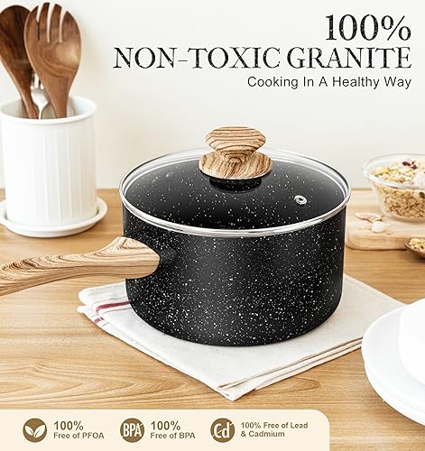 MICHELANGELO Saucepan Set, 3-Piece Nonstick Sauce Pans with Lids, 1QT, 2QT, 3QT, Black Granite Stone
