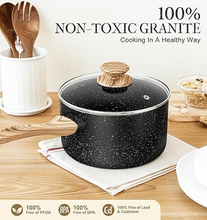 MICHELANGELO Saucepan Set, 3-Piece Nonstick Sauce Pans with Lids, 1QT, 2QT, 3QT, Black Granite Stone